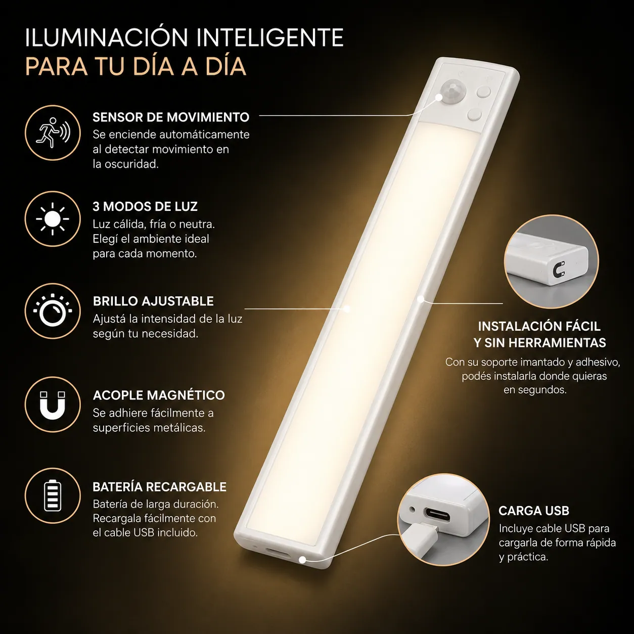 Sensor de movimiento, 3 modos de luz, brillo ajustable, acople magnético