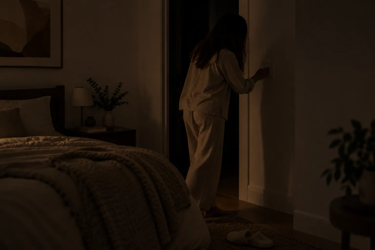 Luz LED con sensor activándose debajo de una cama de noche