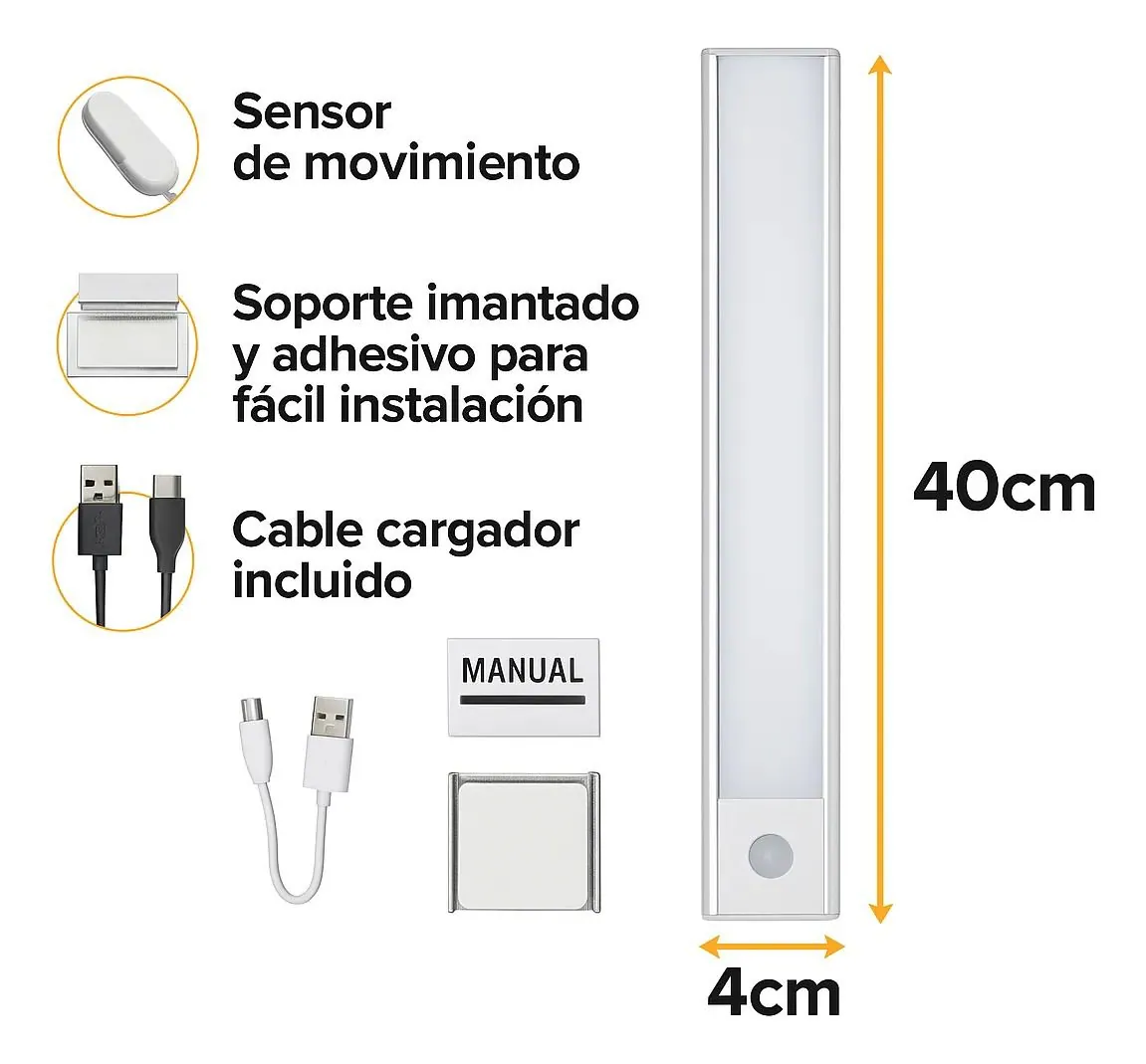 Lúmina: sensor de movimiento, soporte imantado, cable cargador y medidas 40 cm × 4 cm
