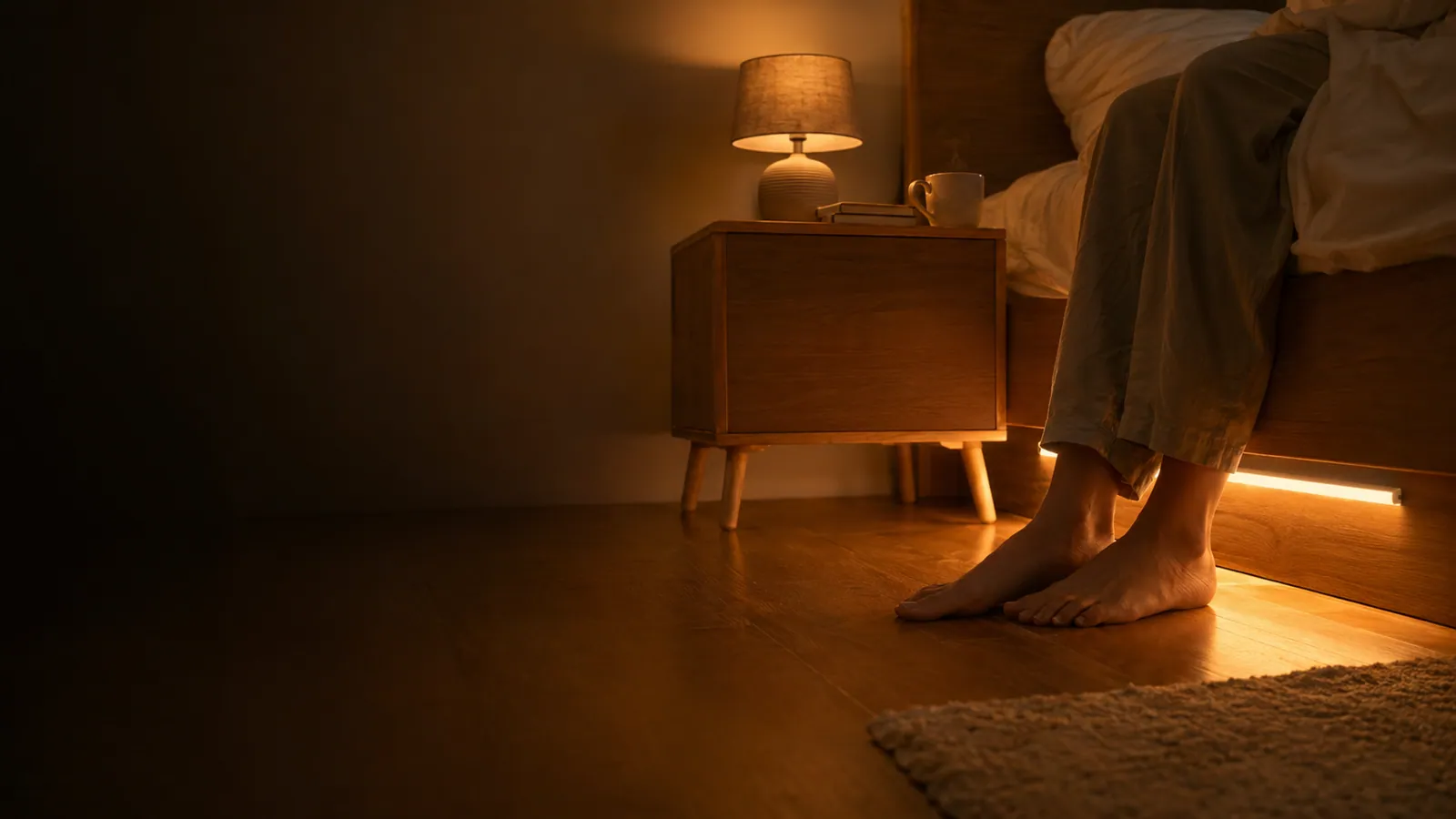 Lúmina iluminando el borde de una cama en la penumbra