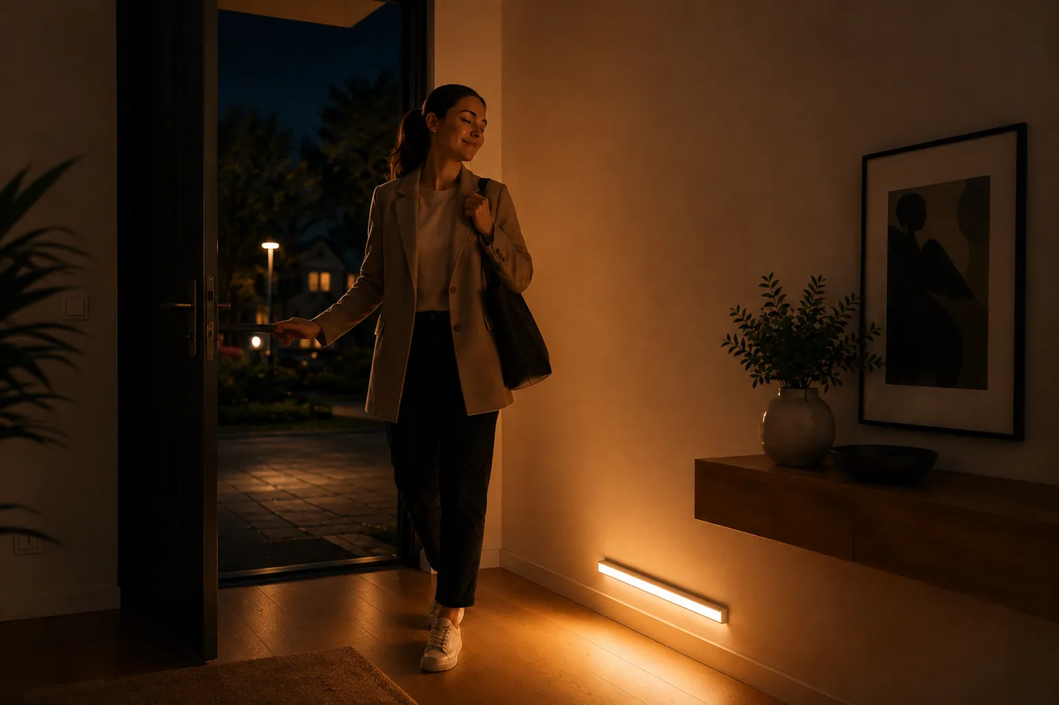 Lúmina iluminando la entrada del hogar al regresar a casa
